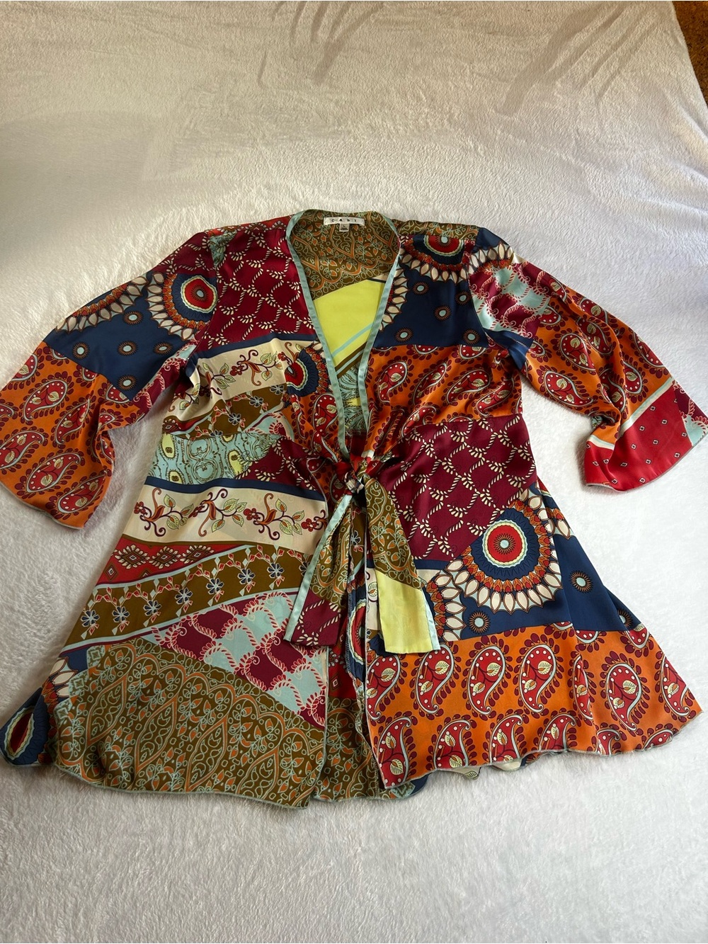 CAbi Mixed-Print Tie-Front Cape Jacket in Burgundy, Navy, Orange, Olive, Yellow